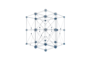 A geometric structure composed of interconnected nodes and lines, resembling a three-dimensional lattice or network. png