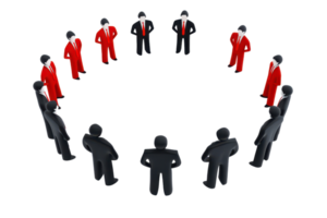A group of stylized figures, some in red and others in black, arranged in a circular formation, suggesting collaboration or discussion. png