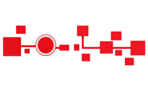 A series of red geometric shapes, including squares and a central circle, interconnected by lines against a dark backdrop. png
