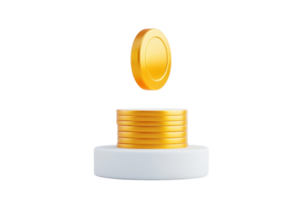 A stack of shiny gold coins with one coin hovering above, symbolizing wealth and finance. png