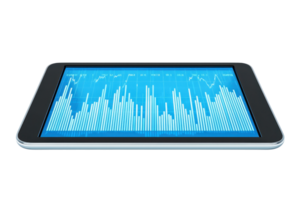 A sleek tablet displaying a vibrant blue chart with vertical bars, representing data analysis or financial trends. png