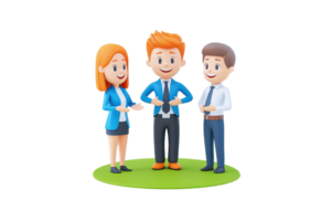 Three cartoon characters, two women and a man, engage in conversation, showcasing friendly interaction and teamwork in a professional setting. png