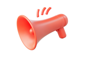 A vibrant red megaphone, symbolizing communication and amplification, designed for grabbing attention. png