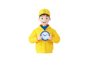 A cheerful character in a yellow raincoat holds a clock, symbolizing time management and readiness. png