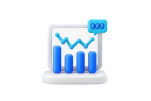 A stylized computer monitor displaying a bar graph and line chart, representing data analysis and trend visualization. png