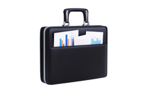 A sleek black briefcase containing documents and graphs, representing professionalism and organization. png