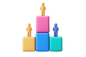 Three colorful blocks support three figurines, symbolizing achievement and competition in a playful arrangement. png