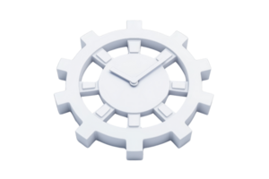 A white gear-shaped clock featuring simple hands, showcasing a unique design that combines functionality with artistic flair. png