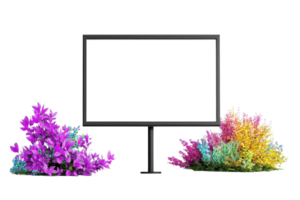 A black monitor stands centrally, flanked by vibrant pink and colorful foliage, creating a visually striking composition. png