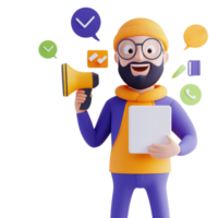 A cheerful character holding a tablet and a megaphone, surrounded by icons symbolizing communication and notifications. png