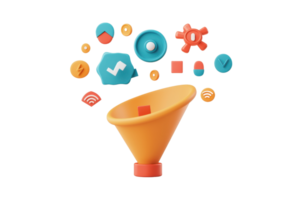 A colorful funnel surrounded by various icons representing data and communication concepts. png