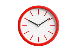 A round wall clock with a red frame, featuring black hour and minute hands against a white face with red hour markers. png