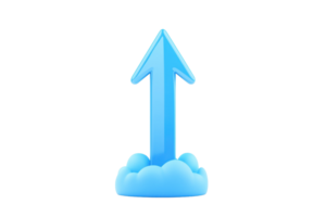 A blue upward arrow emerging from stylized clouds, symbolizing growth and progress. png