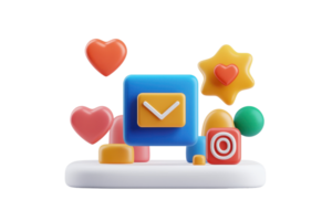 A colorful arrangement of various geometric shapes and symbols, including hearts, stars, and a message icon, showcasing a playful design aesthetic. png