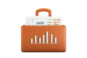 An orange briefcase with financial documents and a bar graph design, symbolizing business and data analysis. png