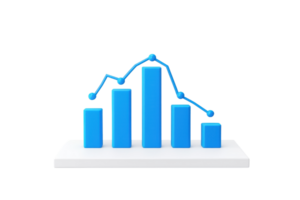 A blue bar graph with a line chart overlay illustrating data trends on a white base. png