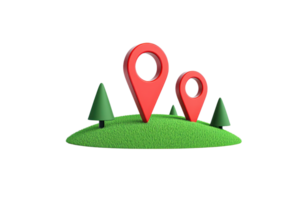 Two red location pins are positioned on a grassy hill, symbolizing navigation and geographic markers. png