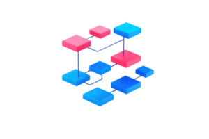 A vibrant, abstract arrangement of interconnected blocks in red and blue, symbolizing data flow or network connections. png