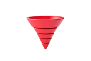 A red funnel with a conical shape, featuring horizontal ridges, designed for pouring liquids or small solids. png