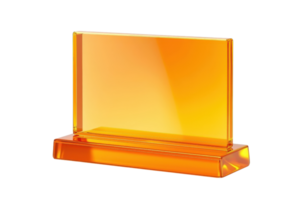 A sleek, orange acrylic plaque with a rectangular shape, mounted on a sturdy base designed for display purposes. png