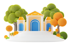 A vibrant, stylized architectural structure with colorful trees and a staircase leading to it. png