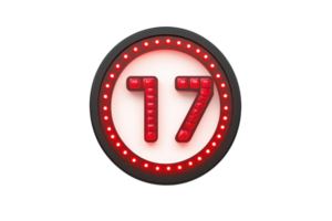 A circular sign featuring the number 17 illuminated with red lights. png