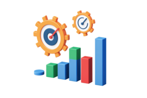 A colorful bar chart with gears and targets, symbolizing growth and productivity in performance metrics. png