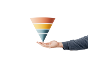 A hand holds a colorful funnel composed of horizontal layers, symbolizing processes or concepts like filtering or organization. png