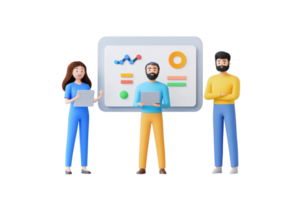Three individuals present data insights using digital devices, showcasing collaboration and analysis in a modern setting. png