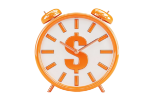 A vibrant orange alarm clock featuring a dollar sign in the center, symbolizing the connection between time and money. png