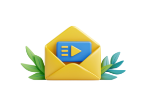 A vibrant yellow envelope with a multimedia play button inside, surrounded by green leaves, symbolizing communication and multimedia content. png