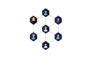 A network of interconnected user avatars arranged in a hexagonal pattern, showcasing individual profiles. png