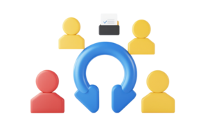 A circular blue arrow surrounded by colored user icons, symbolizing collaboration or feedback in a group setting. png