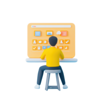 A digital illustration of a person seated at a desk, engaged with a large screen displaying various application icons and data. png