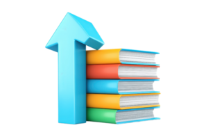 A colorful stack of books with an upward arrow symbolizing growth or progress. png