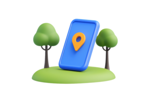 A blue smartphone with a location pin sits on a green patch of grass, flanked by two stylized trees. png