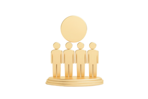A golden figurine group representing teamwork or collaboration, positioned on a circular base with a singular circle above. png