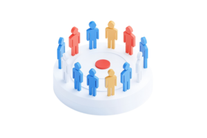 A circular arrangement of colorful figures representing diversity and teamwork, centered around a red point. png