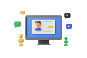 A computer screen displaying a user profile with social interaction icons surrounding it. png
