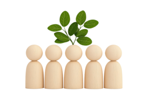 A group of wooden figures stands in a line, with green leaves emerging from the top of the central figure, symbolizing growth and unity. png