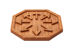 A carved wooden plaque displaying multiple directional arrows arranged symmetrically. png