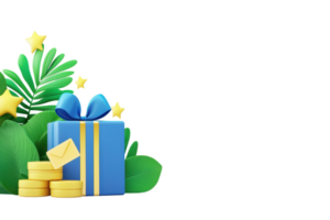 A colorful gift box with a bow, surrounded by coins and leaves, symbolizing celebration and generosity. png