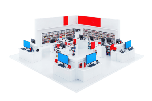 en modern detaljhandeln Plats terar flera olika arbetsstationer utrustad med datorer och hyllor visning olika Produkter. png