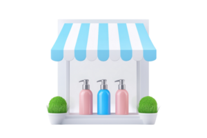 A colorful display featuring three pump bottles in pink, blue, and a white setting with green accents, resembling a small shopfront. png