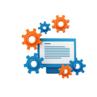 A computer screen surrounded by colorful gears, symbolizing technology, settings, and automation in a modern digital context. png