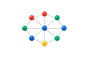 A colorful network of nodes connected by lines, featuring red, blue, green, and yellow spheres in a geometric arrangement. png