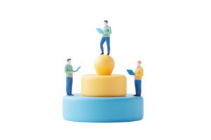 Three stylized figures engaging with digital devices, positioned on a tiered platform featuring circular shapes in vibrant colors. png