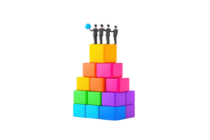A group of figures stands atop a colorful tower of blocks, symbolizing teamwork and achievement. png