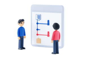 Two figures discussing a diagram showing connections and data flow, highlighting interaction and collaboration. png
