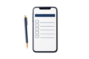 A smartphone displaying a checklist with empty boxes beside a blue pen. png